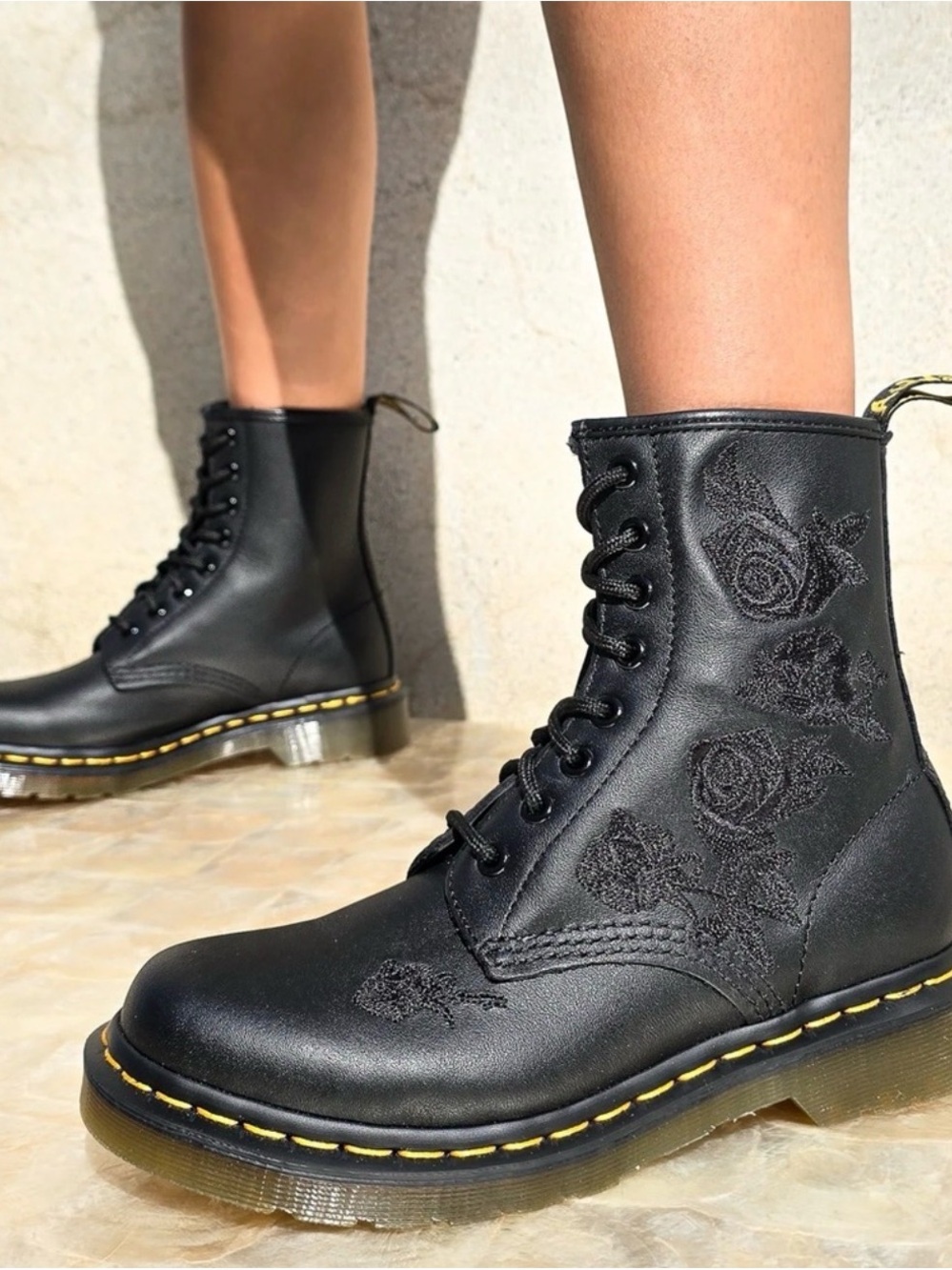 Dr. Martens Black Lace-Up Leather Boots with Floral Embroidery